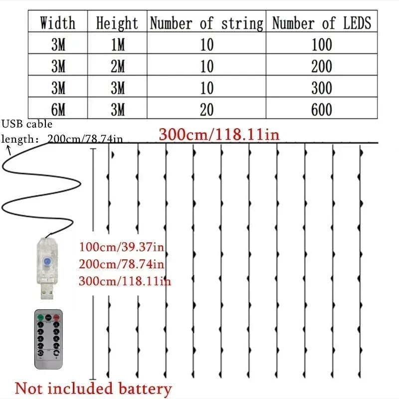 USB Christmas LED Curtain Fairy Lights – 8 Lighting Modes with Remote Control for Bedroom, Wedding & Home Decor
