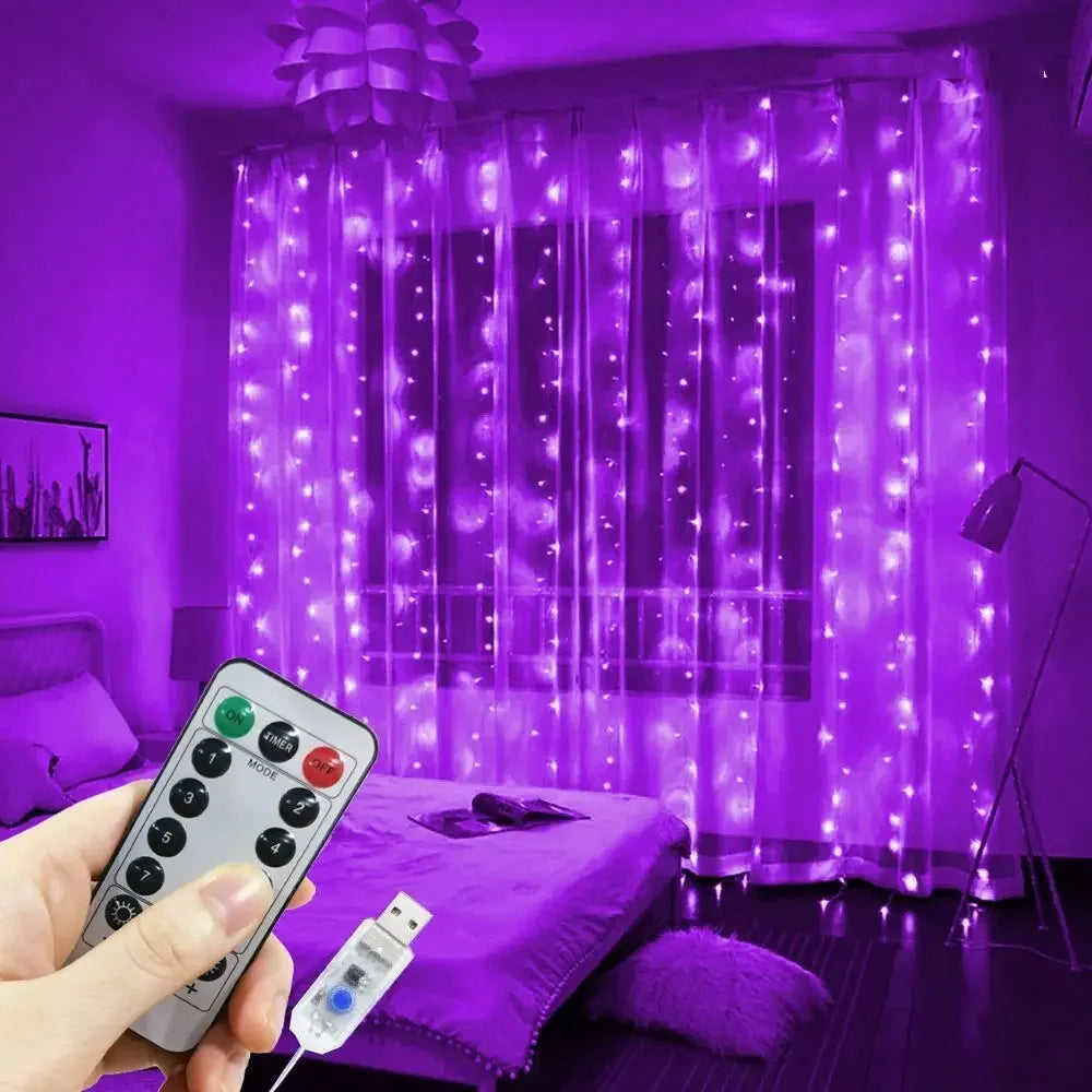 USB Christmas LED Curtain Fairy Lights – 8 Lighting Modes with Remote Control for Bedroom, Wedding & Home Decor