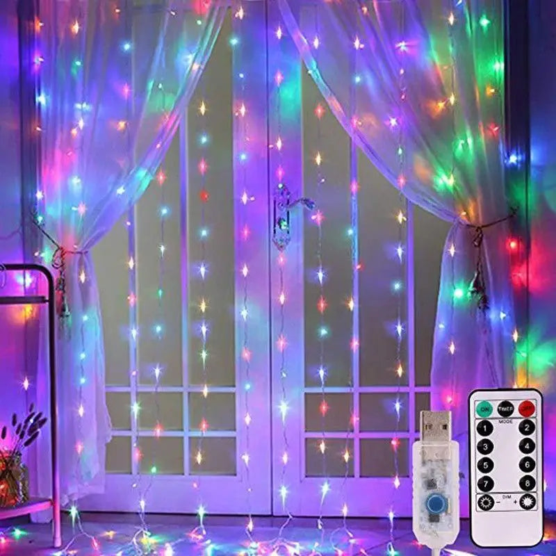 USB Christmas LED Curtain Fairy Lights – 8 Lighting Modes with Remote Control for Bedroom, Wedding & Home Decor