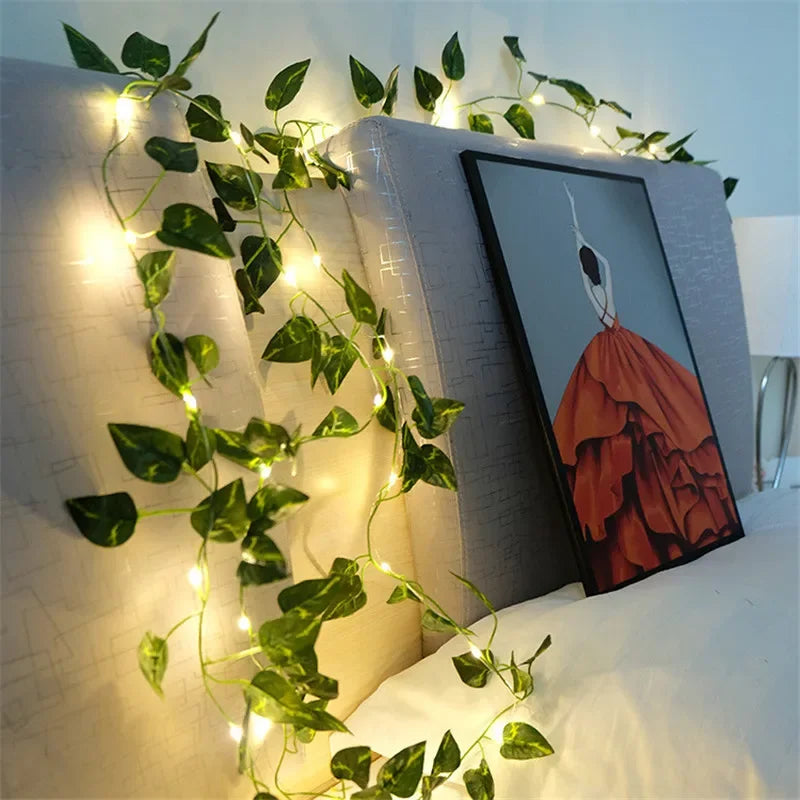 Flower Green Leaf String Lights – Battery Powered Vine Fairy Lights for Home & Wedding Decor