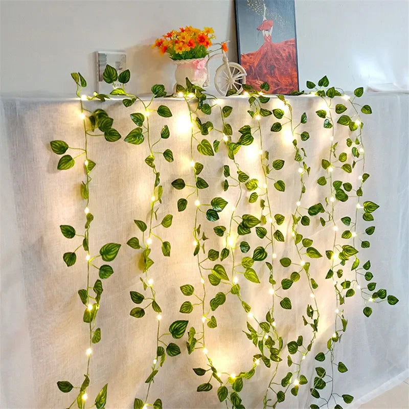 Flower Green Leaf String Lights – Battery Powered Vine Fairy Lights for Home & Wedding Decor